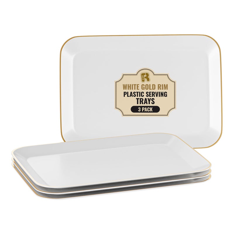 R-kay 3 Pack Plastic Serving Trays for Party - White and Gold Serving Tray 8 by 11 in - Heavy Duty Dessert Trays for Food - Rectangular Party Serving Trays - Premium Party Trays - Gold Platters - Image 1